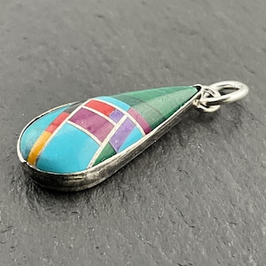 Vintage Navajo Multi-Stone Teardrop Sterling Silver Pendant Necklace