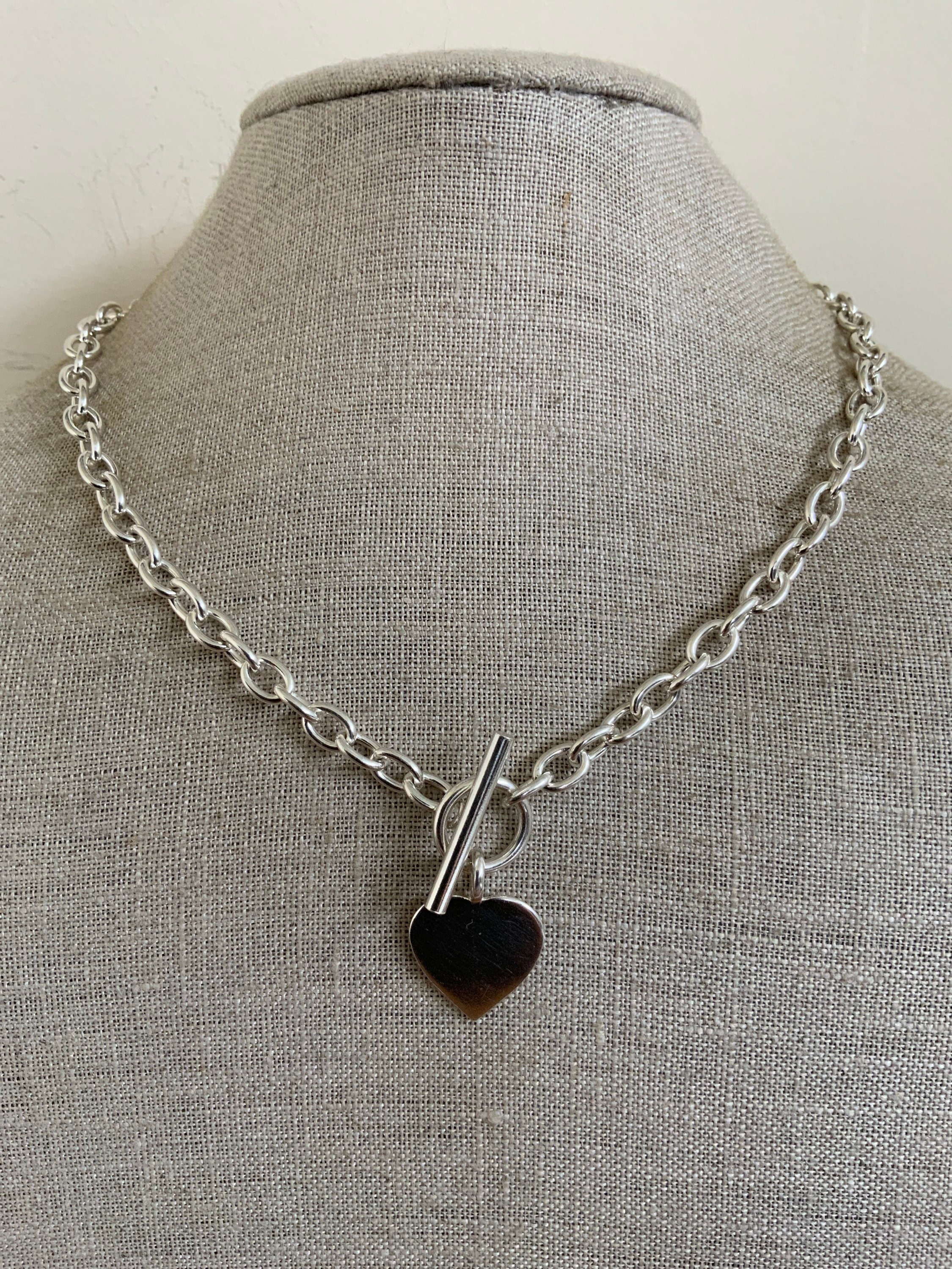 Silver T-bar Heart & Cubic ZirconiaNecklace