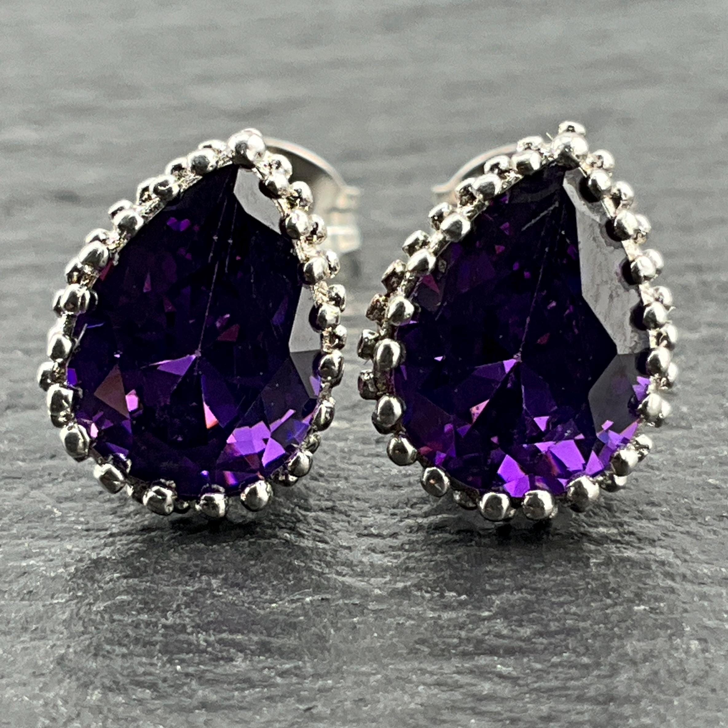 Boucles D'oreilles Vintage En Argent 925 Avec Pierres Violettes - Fermoir Dormeuse - Occasion
