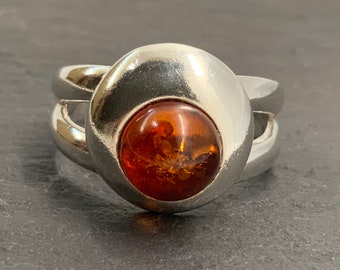 vintage Amber Sterling Silver Chunky Solitaire Ring, UK Taille O, Taille US 8 3/4, Taille UE 58 3/4