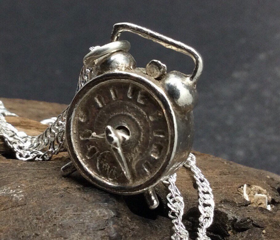Vintage Sterling Silver Clock Pendant Necklace Etsy