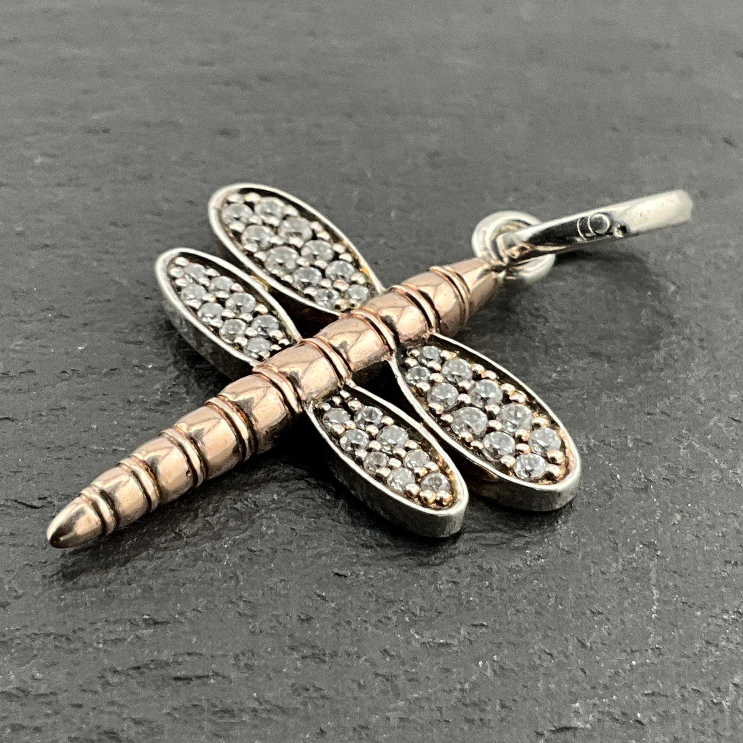 Vintage Cubic Zirconia Dragon Fly Sterling Silver Pendant Necklace
