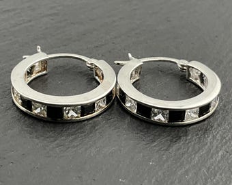 Vintage Black & White Cubic Zirconia Sterling Silver Hoop Earrings