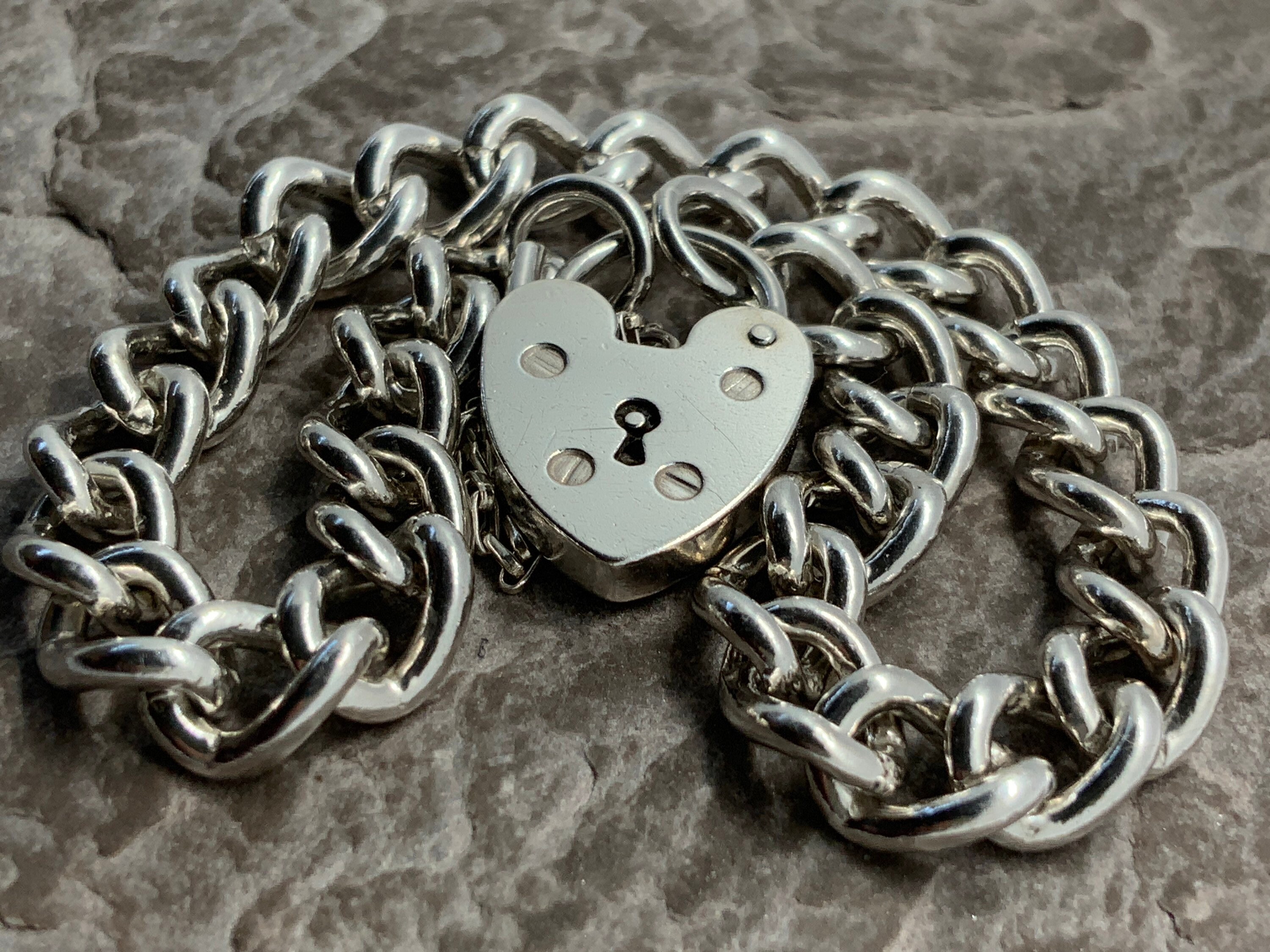 Vintage Sterling Silver Chunky Charm Bracelet Heart Padlock 