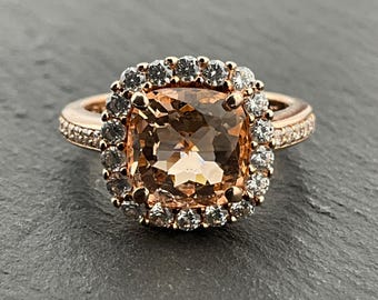 Vintage Pink & White Cubic Zirconia Rose Gold Gilded Sterling Silver Square Halo Ring, UK Size K, US Size 5 1/4, EU Size 49 1/2