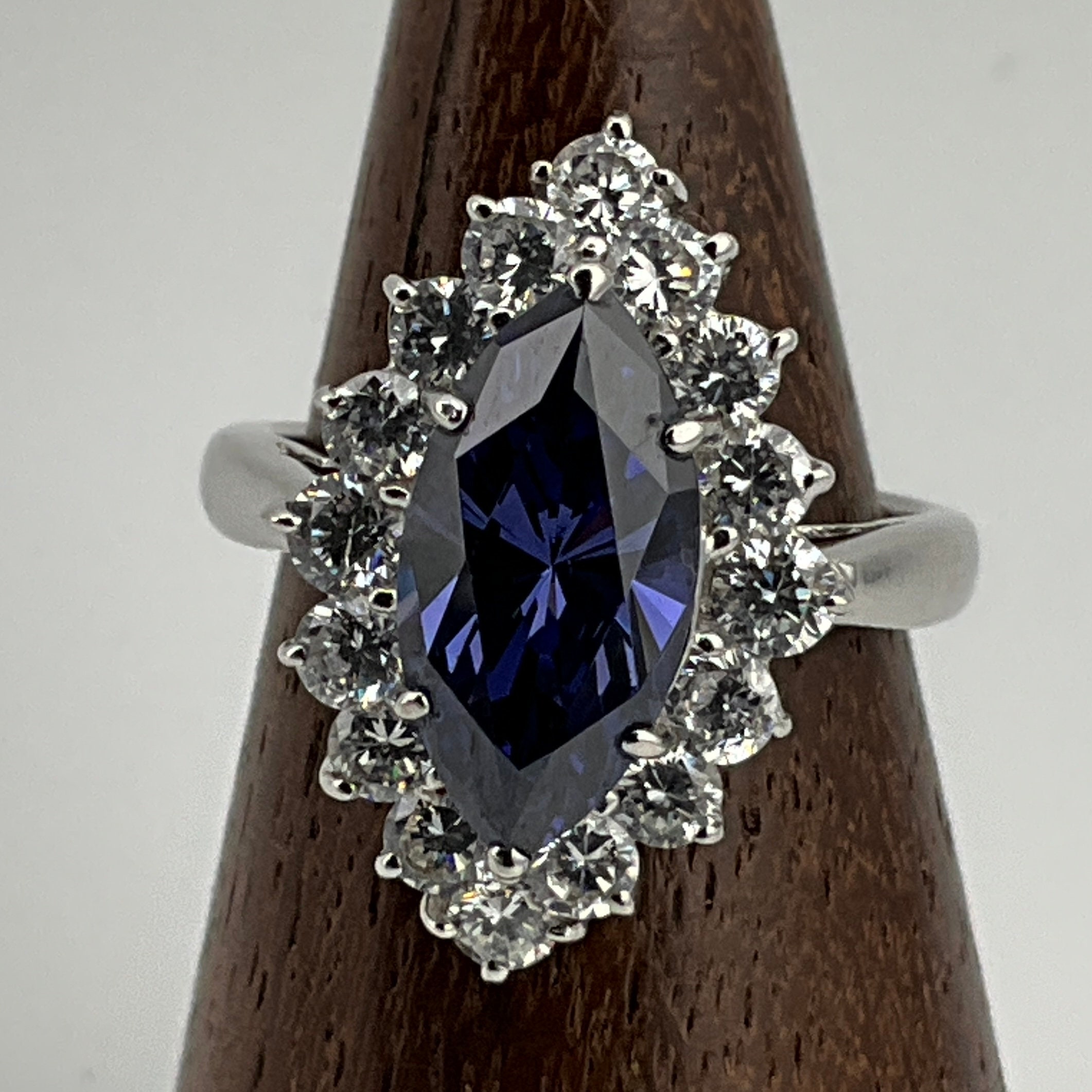 Vintage Blue & White Cubic Zirconia Sterling Silver Marquise Statement Ring, UK Size M, US Size 6, EU Size 51 1/2