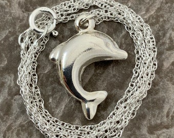 Vintage Sterling Silver Dolphin Pendant Necklace
