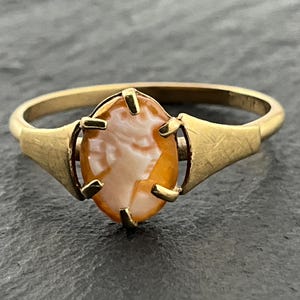 May include: A gold ring featuring an oval-shaped cameo centerpiece with a carved profile portrait. The cameo displays warm orange and white tones, held securely in place by six metal prongs on a polished gold band with tapered shoulders.