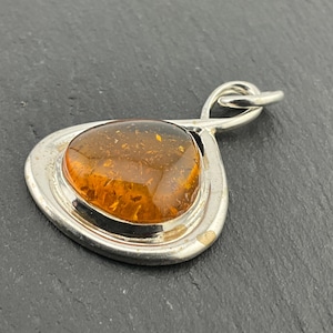 Vintage Amber Sterling Silver Fancy Teardrop Pendant