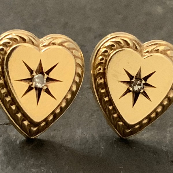 Vintage 9ct Gold Diamond Heart Stud Earrings