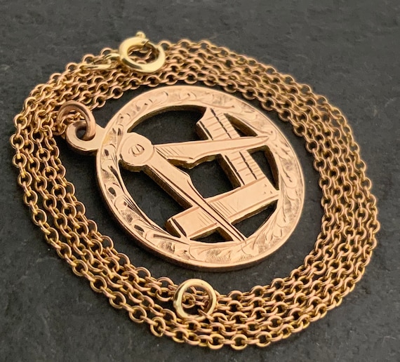Antique 9ct Rose Gold Masonic Pendant Necklace - image 2