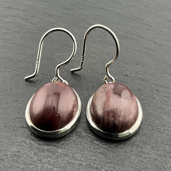 Vintage Coffee Bean Jasper Sterling Silver Oval Dangle Earrings