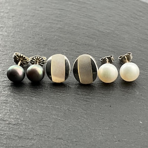 Vintage Pearl & Mother Of Pearl Sterling Silver Stud Earrings