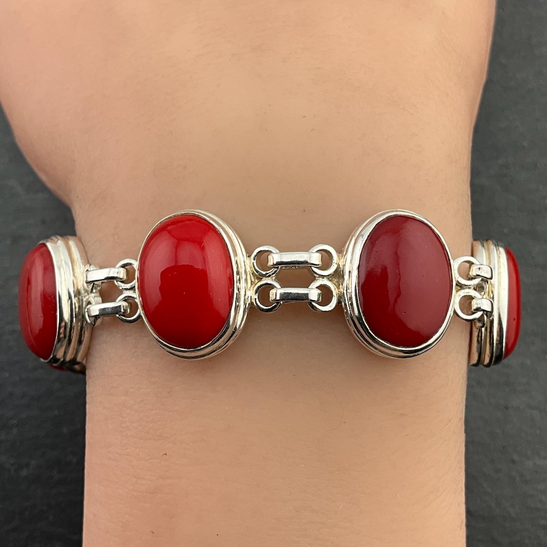 Vintage Red Coral Stone Sterling Silver Bracelet - Etsy