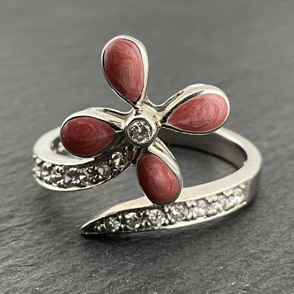 Vintage Flower Cubic Zirconia & Enamel Sterling Silver Statement Ring, UK Size V, US Size 10 3/4, EU Size 63 1/4