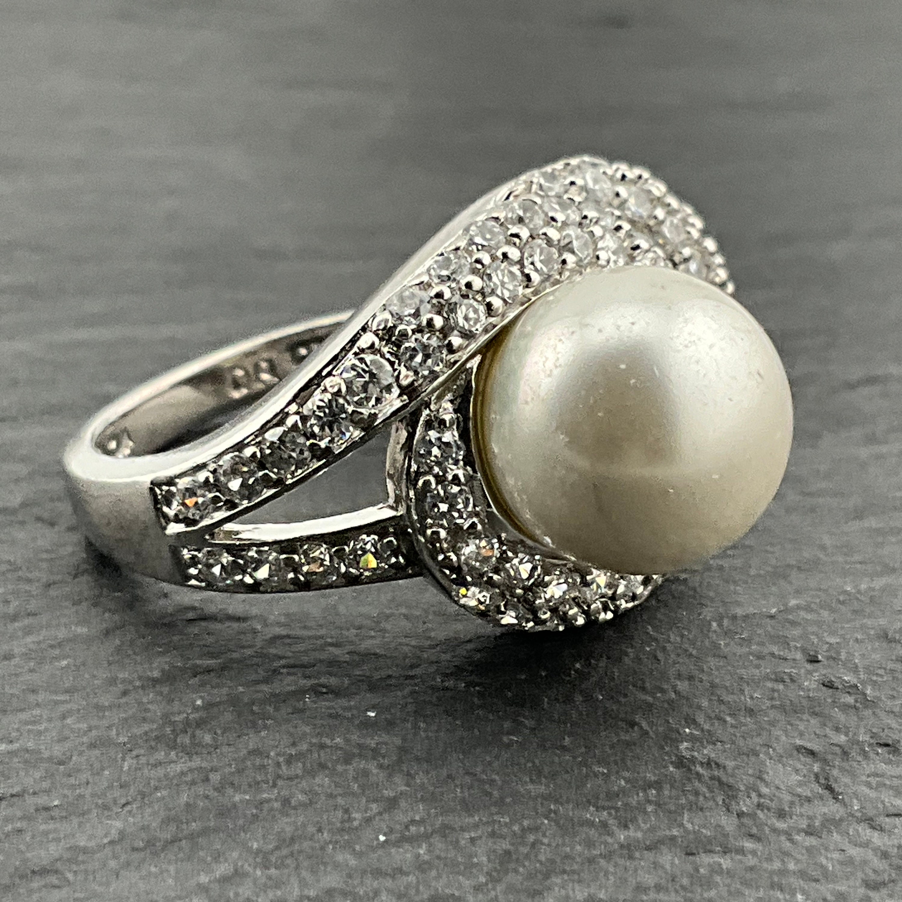 Bague Vintage Argent 925 Zirconium Et Perle De Culture - Taille 52 - Style Fiançailles Années 70 - Neuf Sans Emballage