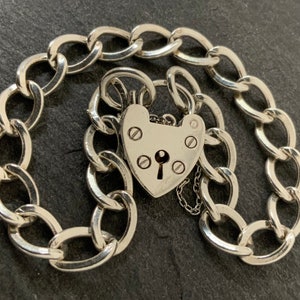 Vintage Sterling Silver Heart Padlock Charm Bracelet
