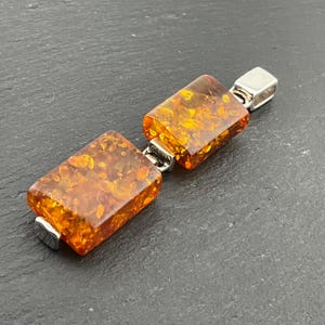 Vintage Amber Heavy Sterling Silver Long Modernist Pendant