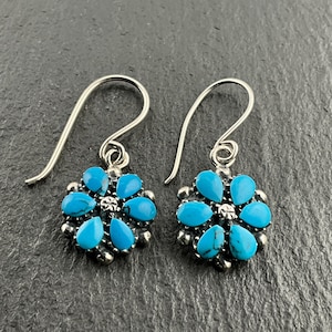 Vintage Turquoise Sterling Silver Flower Dangle Earrings