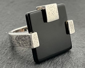 Genuine Folli Follie Black Onyx Sterling Silver Statement Ring, UK Size O, US Size 7, EU Size 54