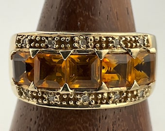 Vintage Solid 9ct Gold Citrine & Diamond Ring, UK Size N, US Size 6 1/2, EU Size 52 3/4