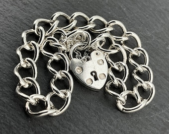 Vintage Sterling Silver Heart Padlock Charm Bracelet