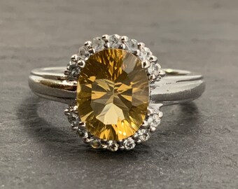 Vintage Citrine & White Topaz Sterling Silver Solitaire Ring, UK Size N, US Size 6 1/2, EU Size 52 3/4