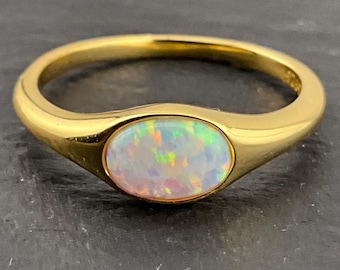 Sterling Silver 18ct Gold Gilded Opaline Ring, UK Size M, US Size 6, EU Size 51 1/2