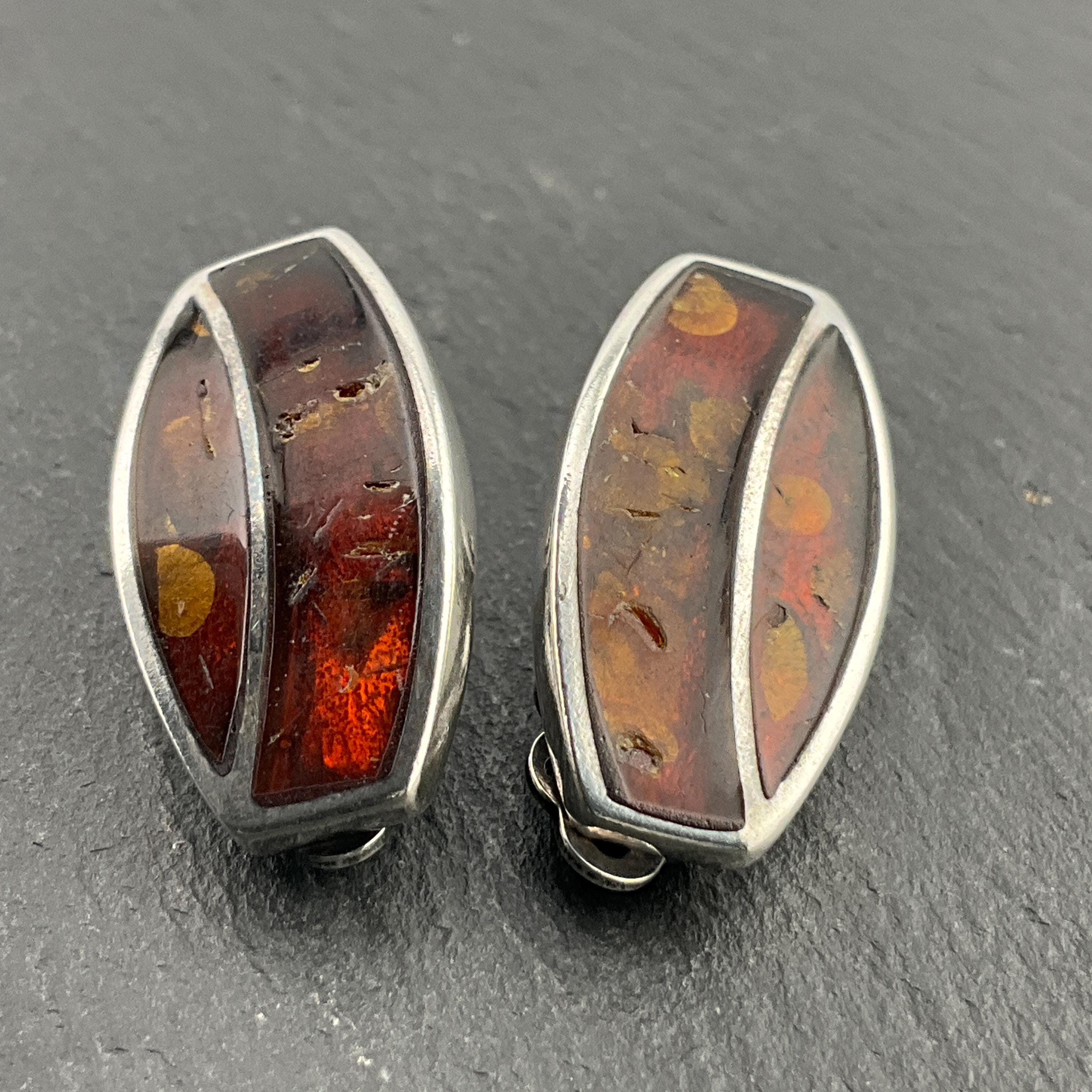 Boucles D'oreilles Clips Anciennes En Argent 925 Et Ambre - Modèle K22 - Occasion, Style Vintage