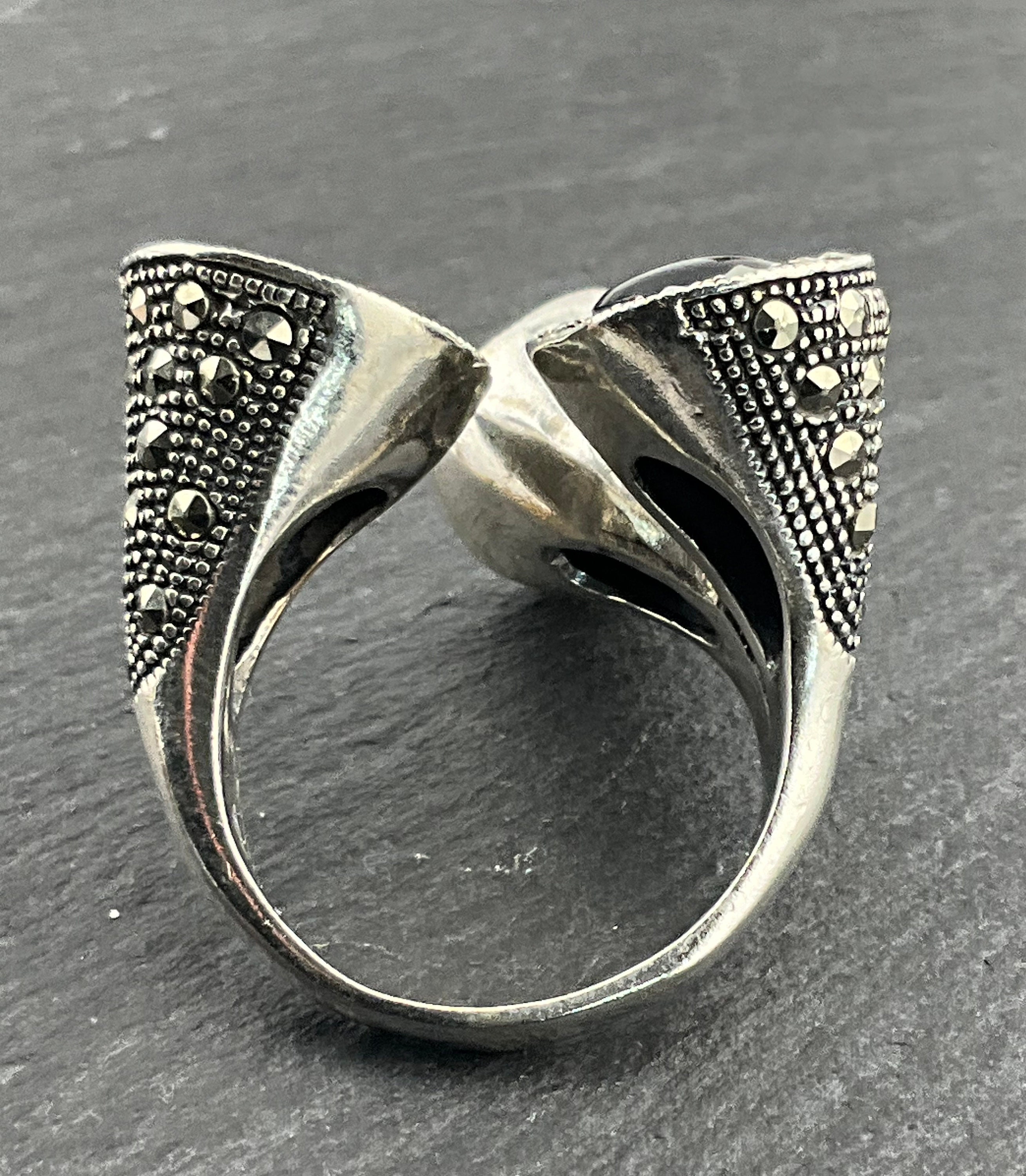 Vintage Black Onyx & Marcasite Sterling Silver Torque Ring
