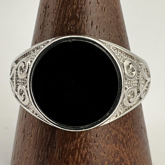 Vintage Black Onyx Sterling Silver Fancy Signet Ring, UK Size Y1/2
