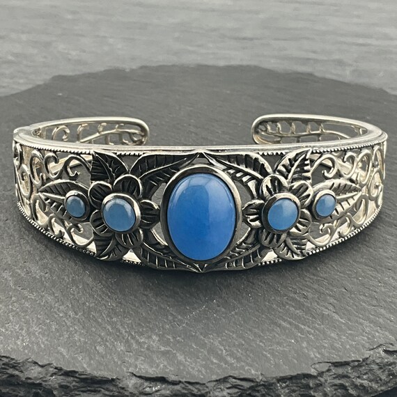 Vintage Solid Sterling Silver Agate Bangle - image 2