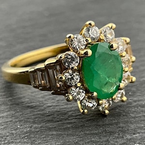 Vintage Zambian Emerald & White Zircon Sterling Silver Statement Halo Ring, UK Size M, US Size 6, EU Size 51 1/2