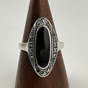 Vintage Black Onyx & Marcasite Sterling Silver Statement Ring, UK Size S, US Size 9 1/4, EU Size 60