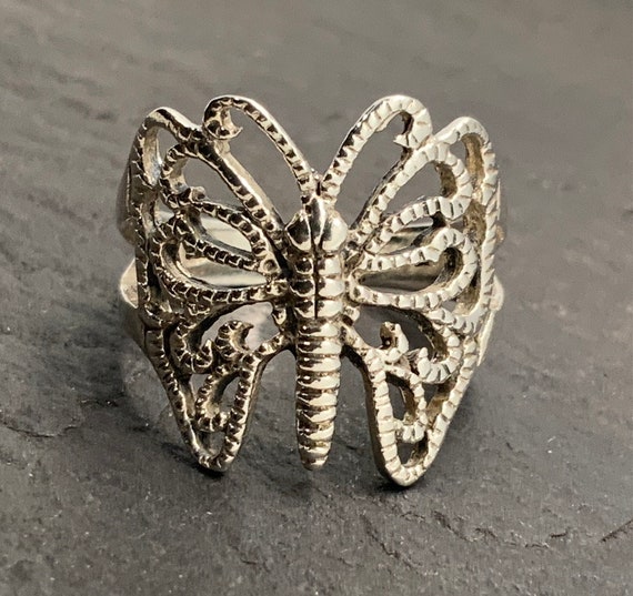 Vintage Sterling Silver Butterfly Ring, UK Size L… - image 1