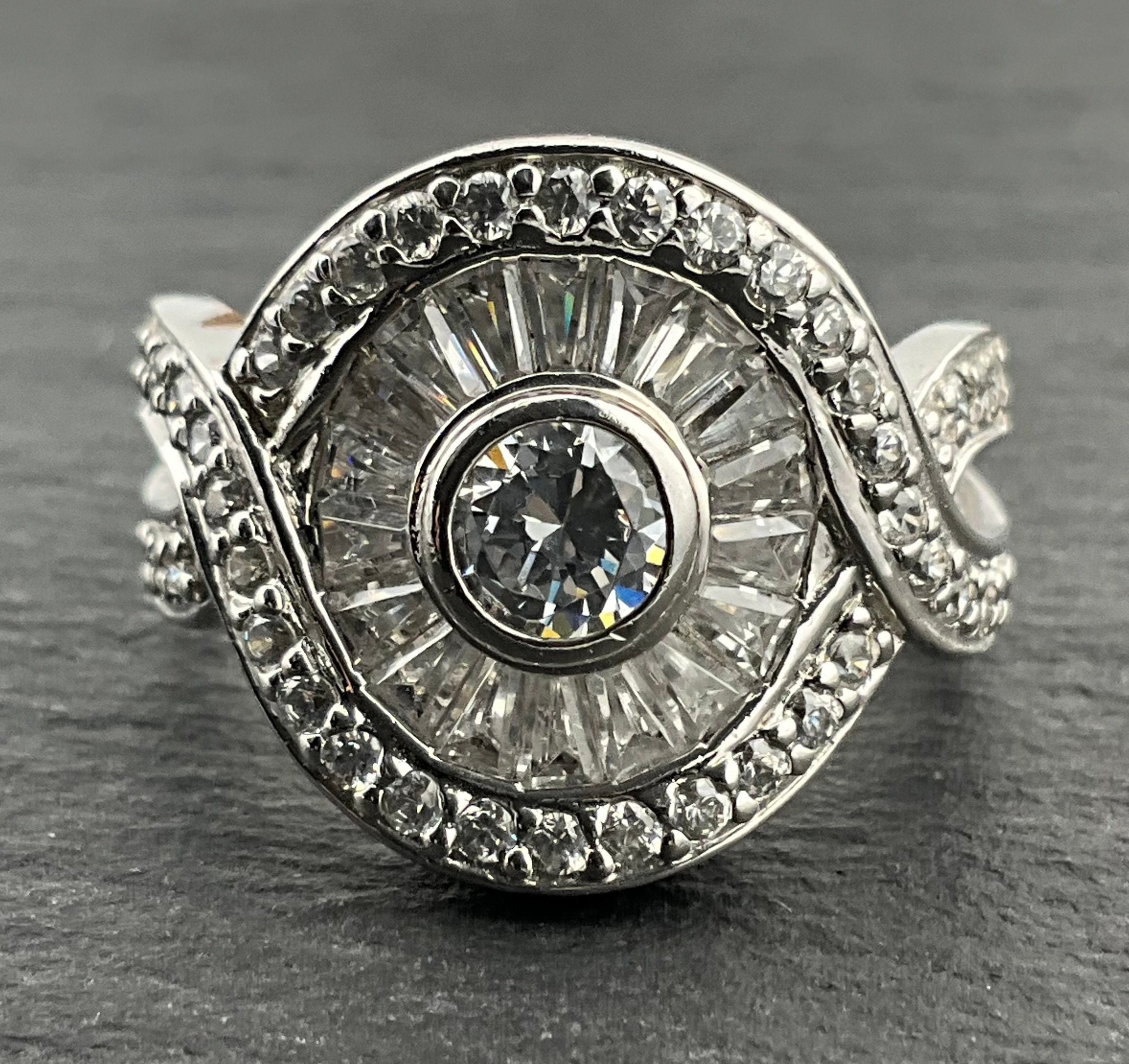 Vintage Cubic Zirconia Sterling Silver Statement Ring, UK Vintage Cubic Zirconia Sterling Silver Statement Ring, UK