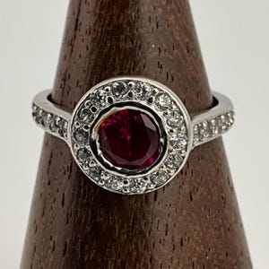 Vintage Ruby & White Cubic Zirconia Sterling Silver Halo Ring, UK Size L, US Size 5 1/2, EU Size 50 3/4