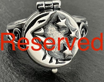 Reserved - Do Not Buy Vintage Sterling Silver Moon & Stars Poison Locket Ring, UK Size L1/2, US Size 5 3/4, EU Size 51