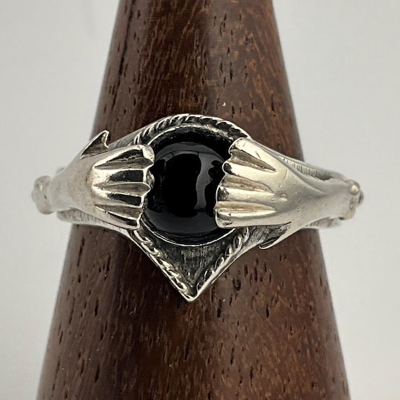 アクセサリー VINTAGE/70s UK BLACK ONYX SILVER RING Vintage Onyx Solitaire Sterling Silver Band Ring, UK Size O, US