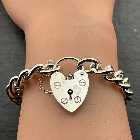 Vintage Super Heavy Sterling Silver Heart Padlock Charm Bracelet