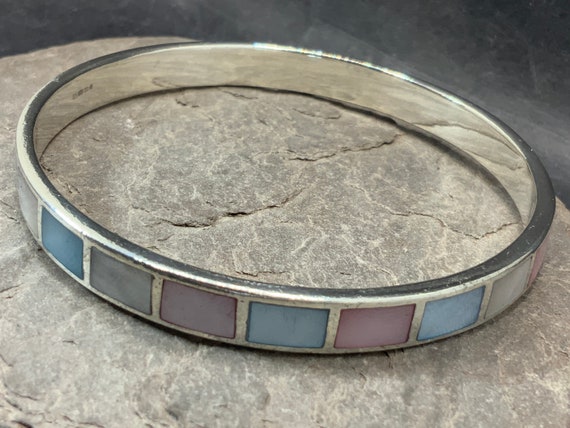 Vintage Sterling Silver Solid Bangle Mother of Pearl Stacker 