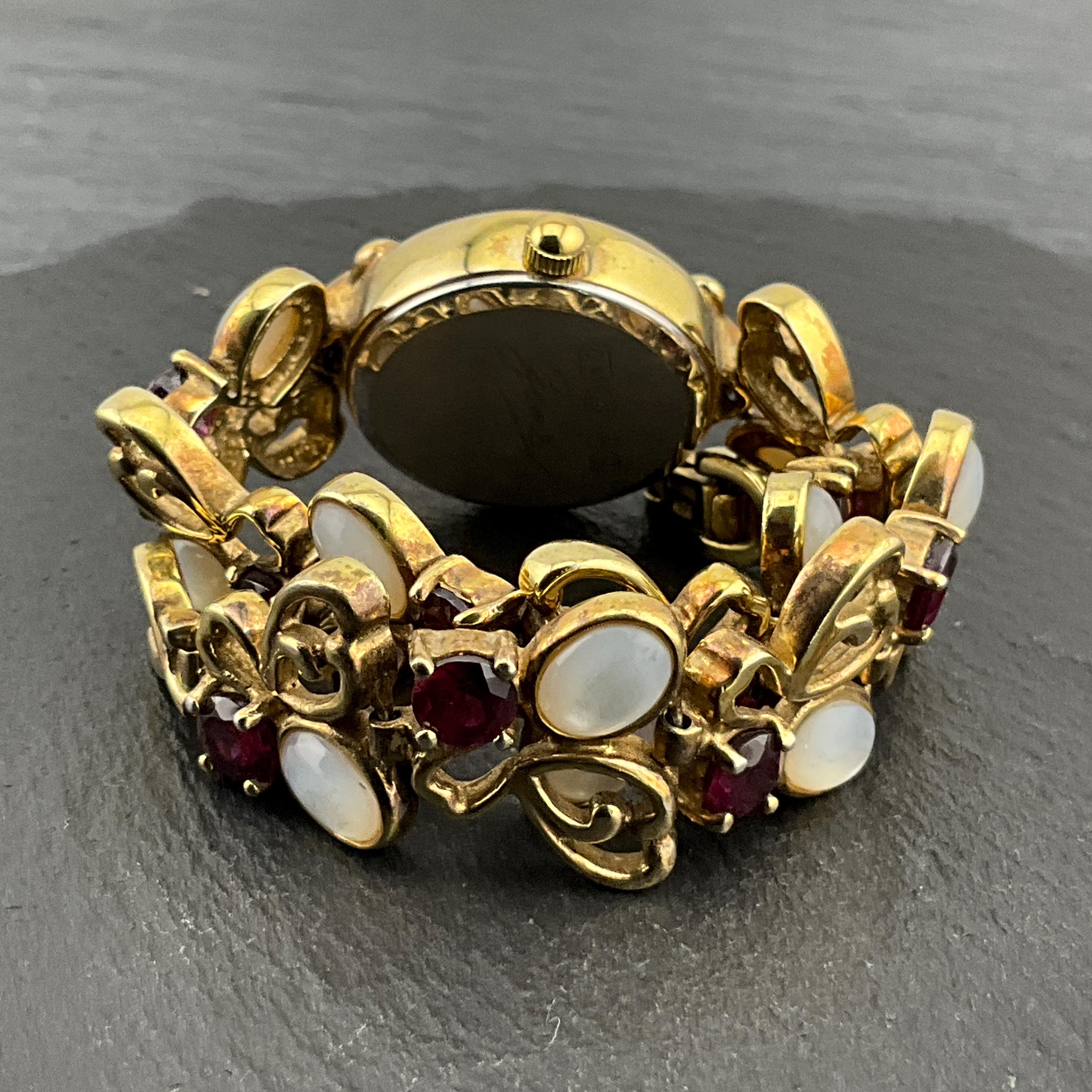 Vintage 90s Sterling Silver .925 Garnet Cabochon Mother of Pearl Watch Minister Womens Watch Silver Mother Of Pearl Marquesitas  main image 4