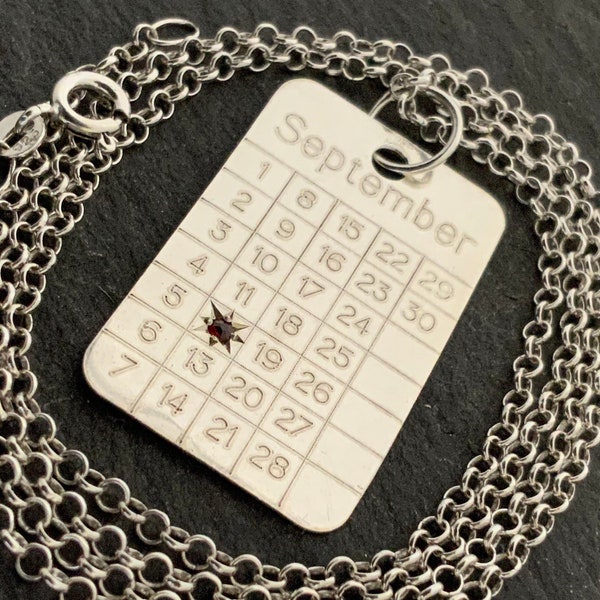 Vintage Sterling Silver September 12th Calendar Ingot Garnet Pendant Necklace