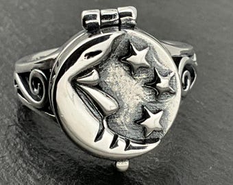 Vintage Sterling Silver Moon & Stars Poison Locket Ring, UK Size L1/2, US Size 5 3/4, EU Size 51