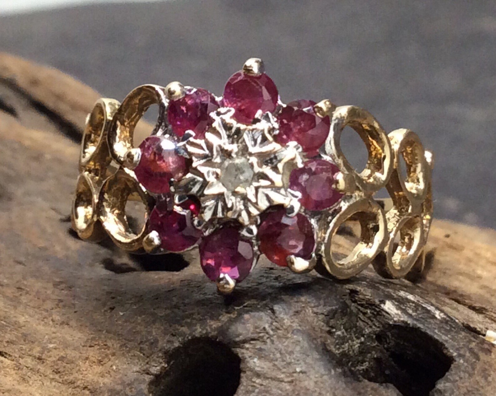 Vintage 9ct Gold Ruby Diamond Cluster Flower Ring Size O | Etsy