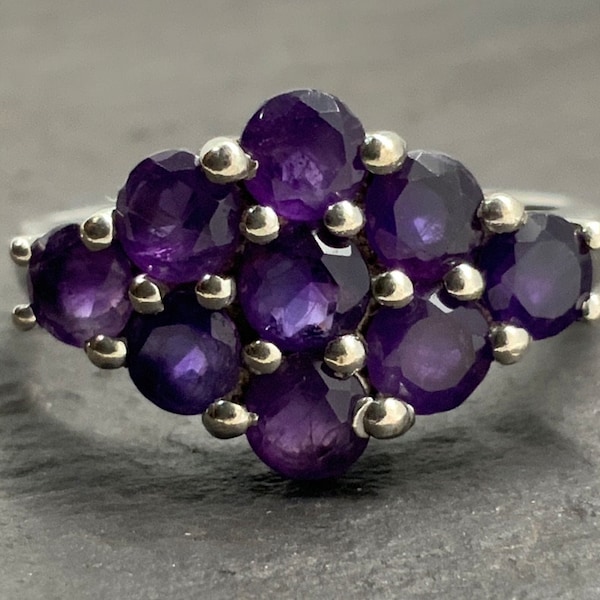 Vintage Amethyst Sterling Silver Cluster Statement Ring, UK Size P, US Size 7 1/2, EU Size 55 1/4