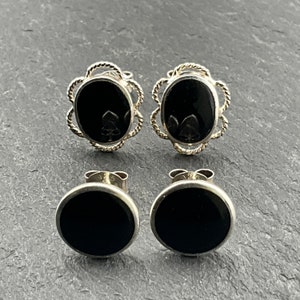 Vintage Sterling Silver Onyx Fancy Statement Stud Earrings