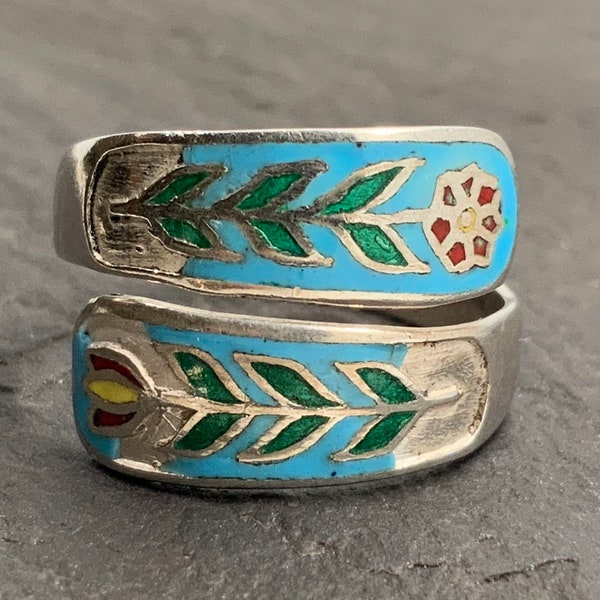 Vintage Enamel Sterling Silver Floral Wrap Ring, UK Size K, US Size 5 1/4, EU Size 49 1/2