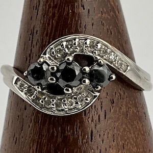 Vintage Black & White Diamant 9 Karat Weißgold Ring, UK Größe P, US Größe 7 1/2, EU Größe 55 1/4