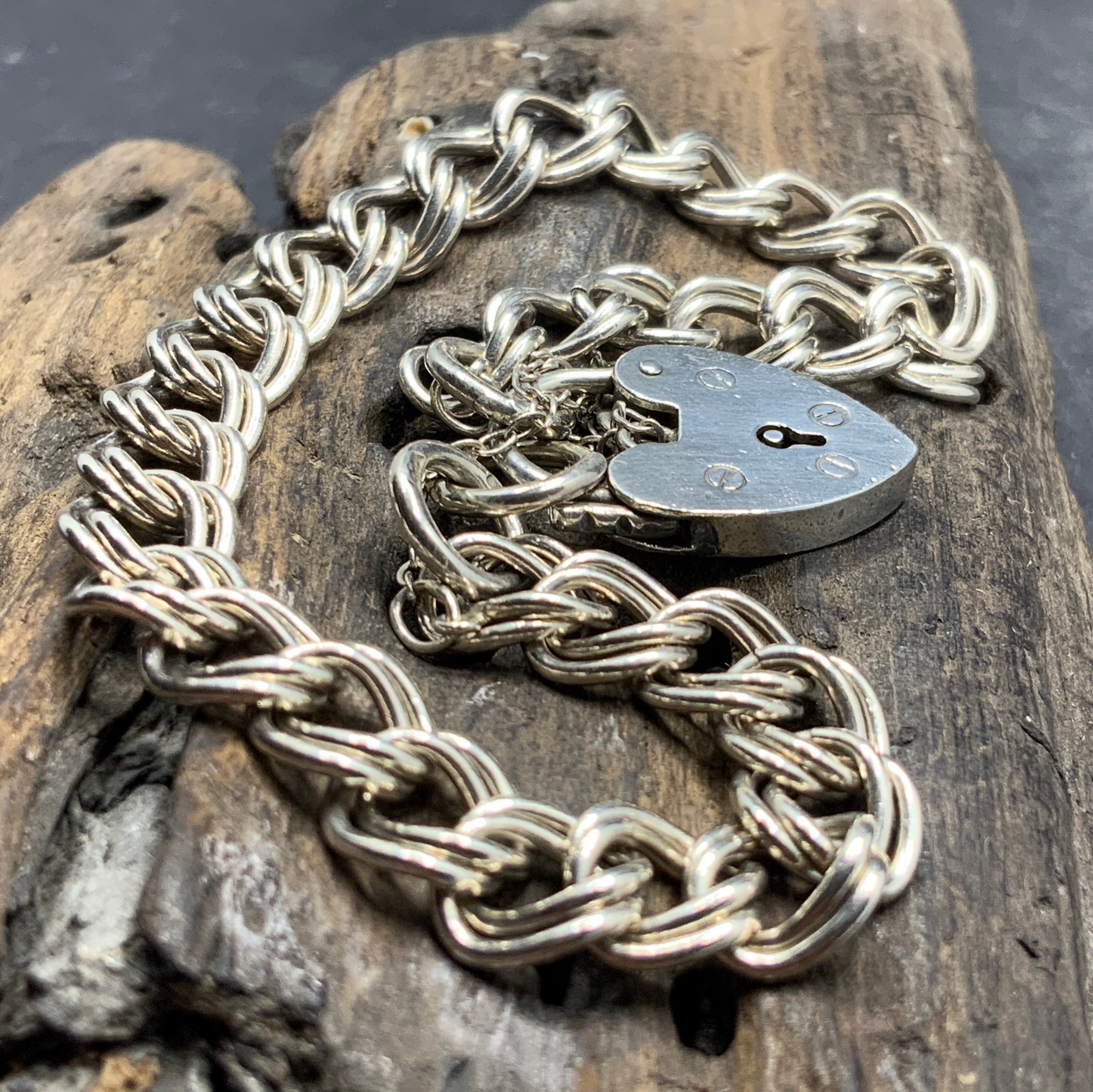 Vintage Sterling Silver Double Link Charm Bracelet Heart Etsy